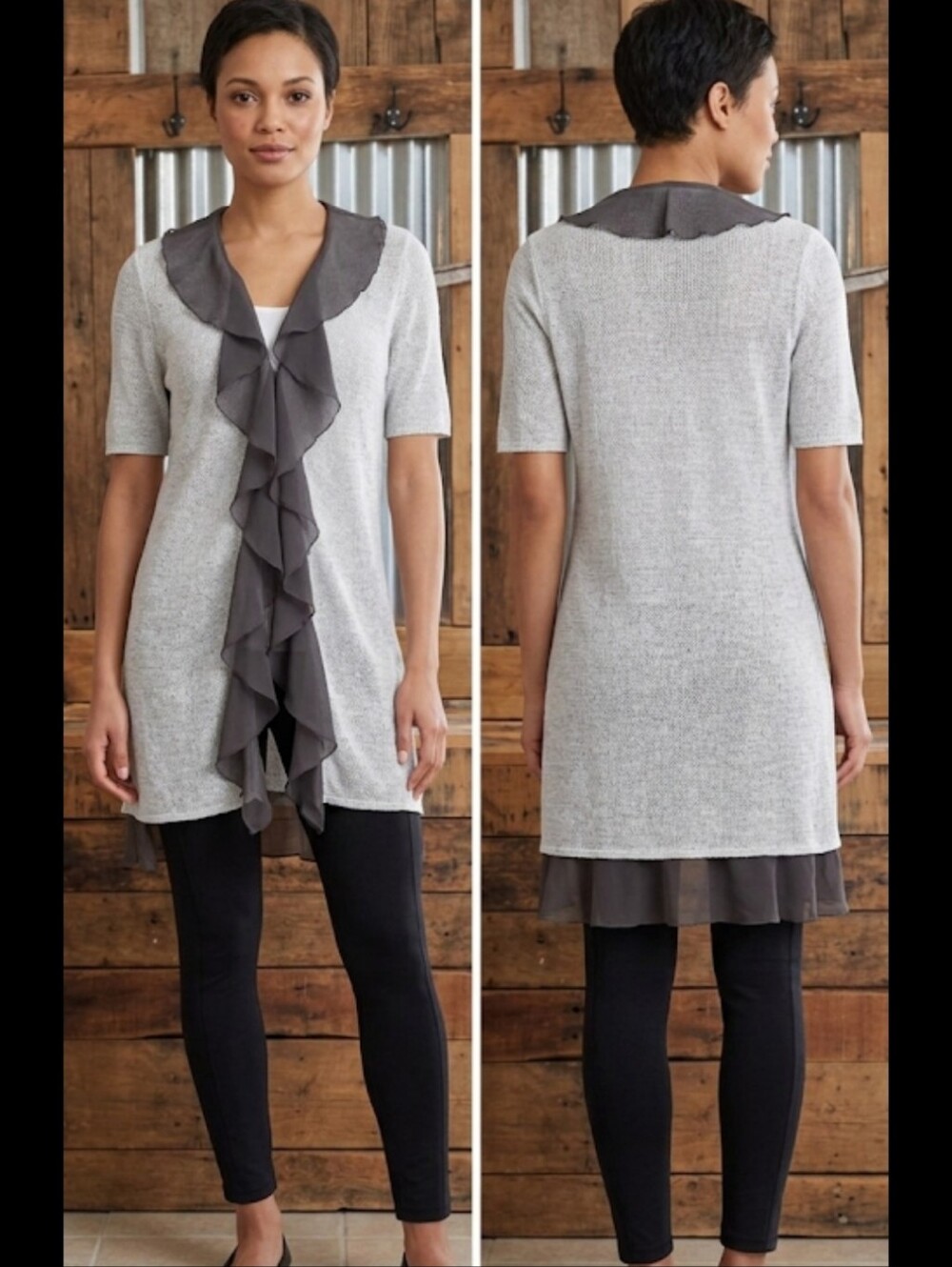 2 layer grey ruffle coat kimono M Chicos girly
